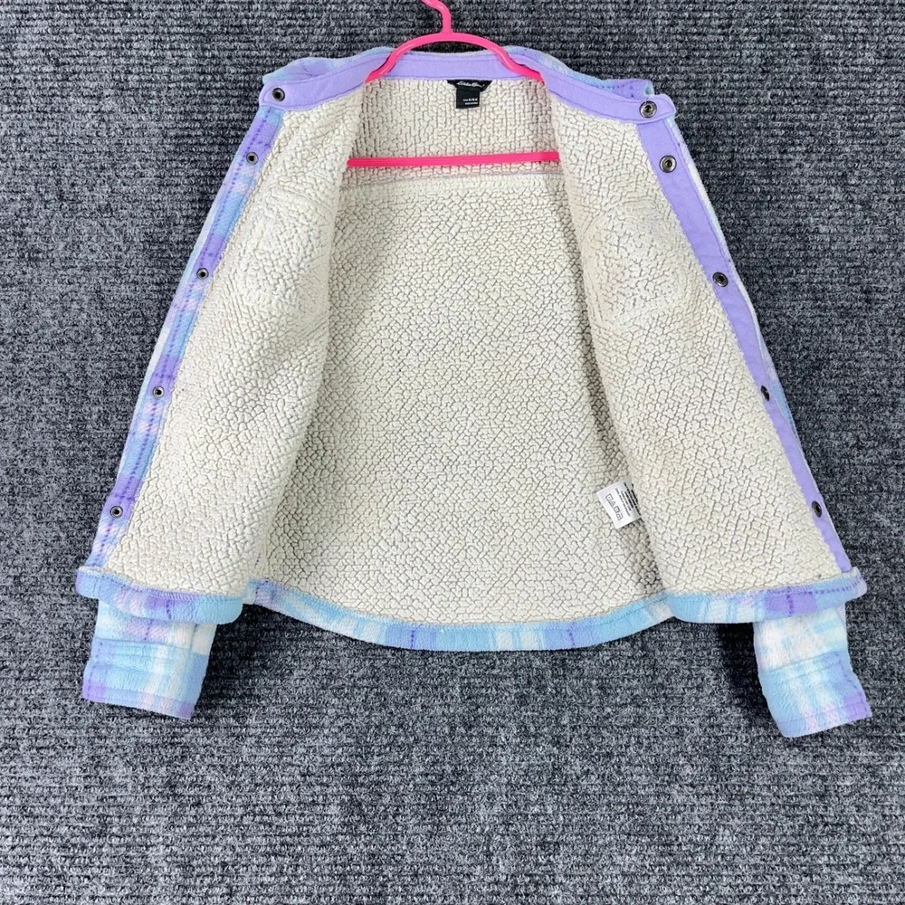 Eddie Bauer Girls Plaid Fleece Shacket‎ Sherpa Lined Blue Purple 6/6X Shirt